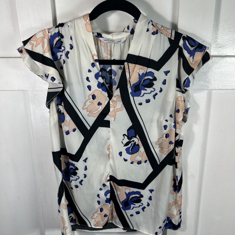 Nine West Womens Small Abstract Floral Flutter Sleeve V-Neck Blouse White Blue